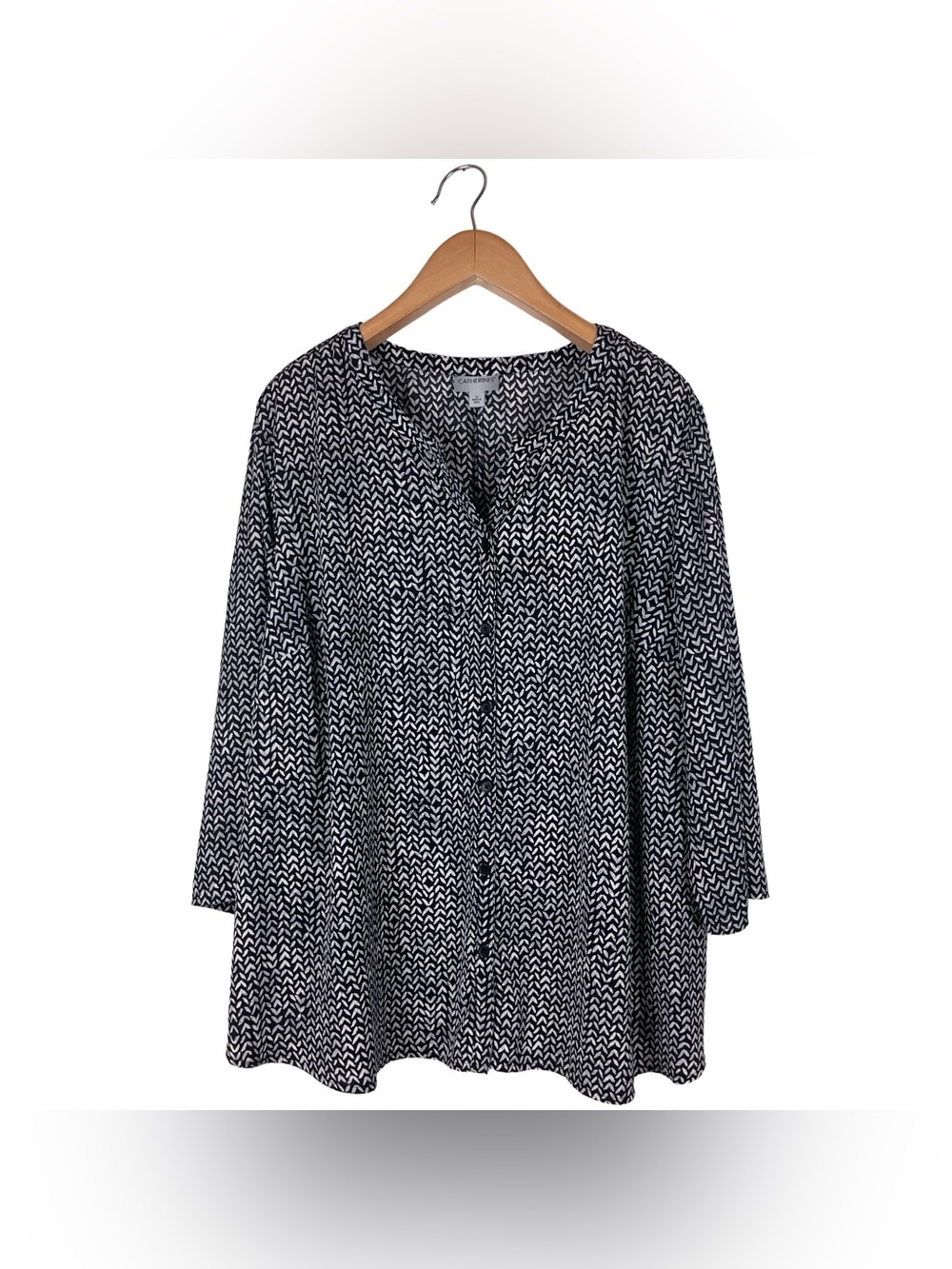 Catherines Black & White Chevron Abstract 3/4 Roll Tab Sleeve Blouse Women’s 3X